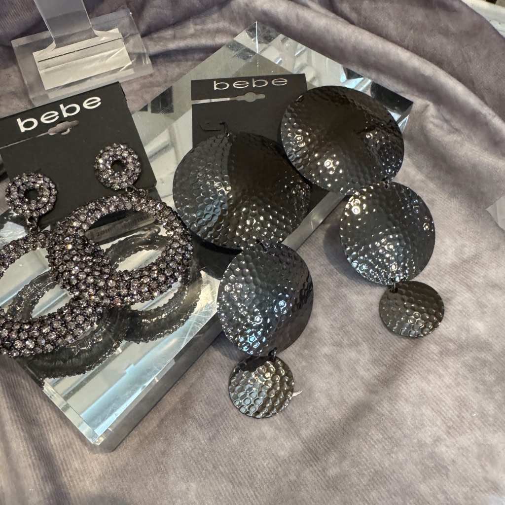Bebe Metallic Gray, Rhinestone Earrings, Worn Once Hammered Chandelier $80 Value